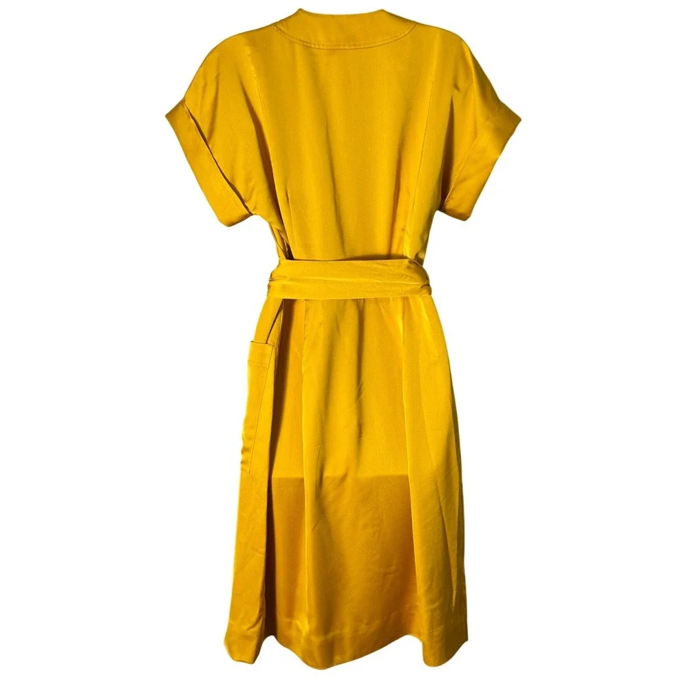 J. Crew Short Sleeve Wrap Dress in Satin Crepe Gold V Neck Front Pocket Size S
